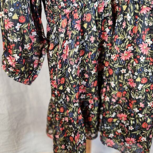 New Old Navy $50 XXL Blue Floral Shine Waist-Defined Boho Tie Neck Mini Dress - Picture 4 of 11